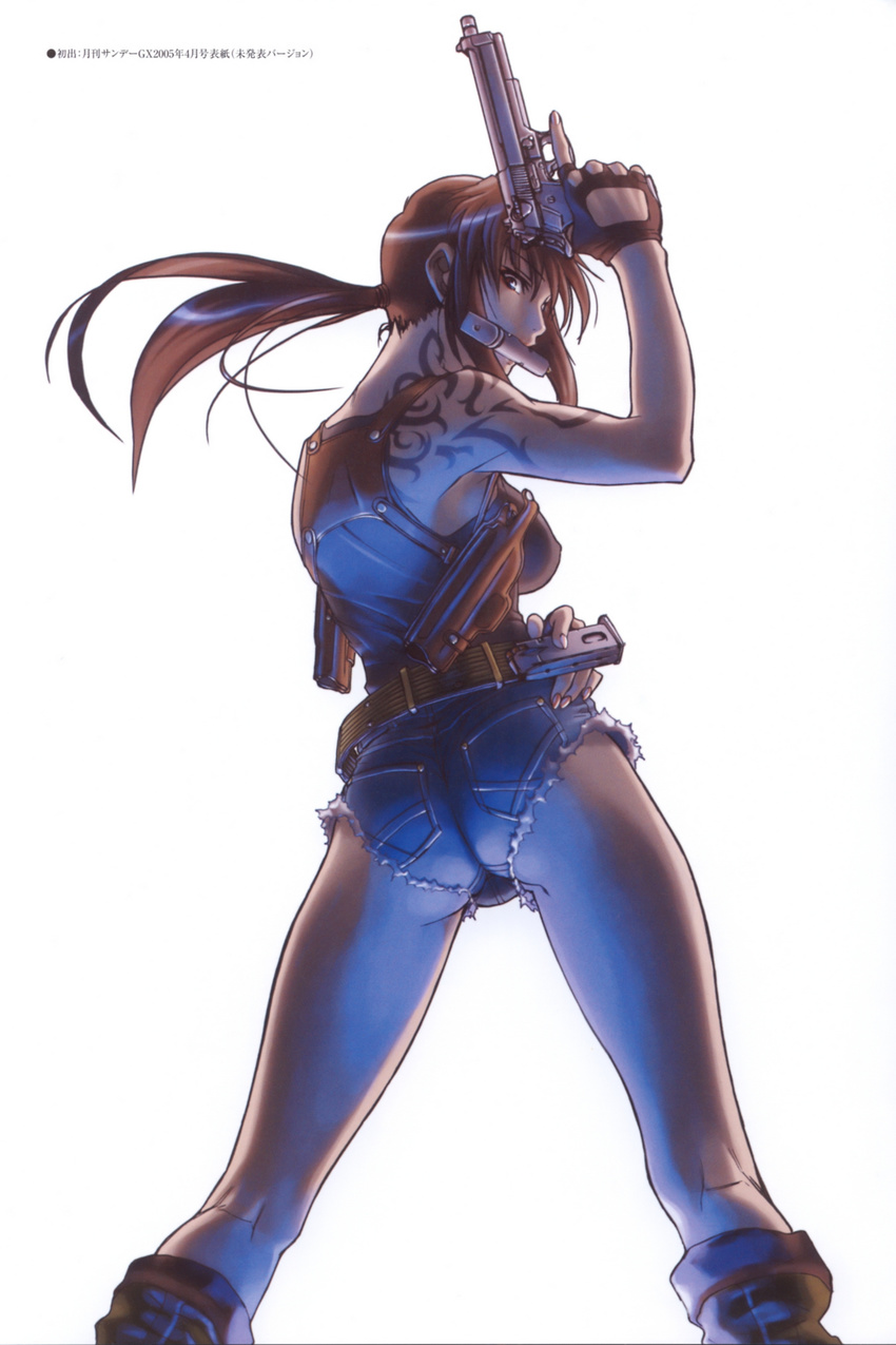 ass ass_focus beretta_92 black_lagoon denim denim_shorts gloves gun handgun highres hiroe_rei holding holding_gun holding_weapon holster long_hair mouth_hold official_art revy_(black_lagoon) shorts shoulder_holster solo tattoo weapon