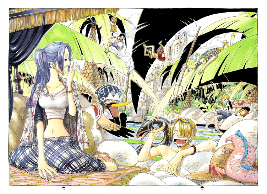 2001 2girls 4boys backpack bag barefoot baseball_tee bird black_hair blonde_hair blue_hair bracelet building carue color_spread colorspread cover cover_page duck fishing goggles green_hair hair_over_one_eye hat hat_removed headwear_removed highres jewelry jumping lizard midriff monkey_d_luffy multiple_boys multiple_girls nami nami_(one_piece) nefertari_vivi oda_eiichirou official_art one_piece open_mouth orange_hair outdoors palm_tree plaid plaid_shirt plaid_skirt polearm raglan_sleeves reindeer roronoa_zoro sanji sarong shirt sitting skirt smile straw_hat swim_trunks swimming tony_tony_chopper topless tree trident usopp water weapon wet yawning yellow_pants