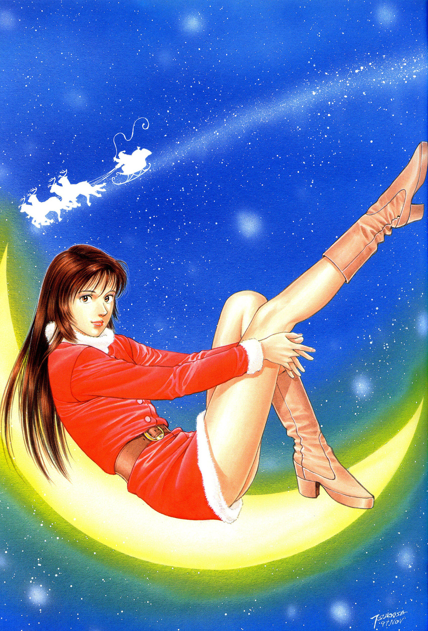 absurdres belt boots brown_eyes brown_hair cats_eye christmas crescent_moon family_compo highres houjou_tsukasa leg_hold leg_holding leg_up long_hair looking_at_viewer moon moon_crescent night reindeer santa_claus santa_costume simple_background sitting sleigh smile star stars wakanae_shion whip