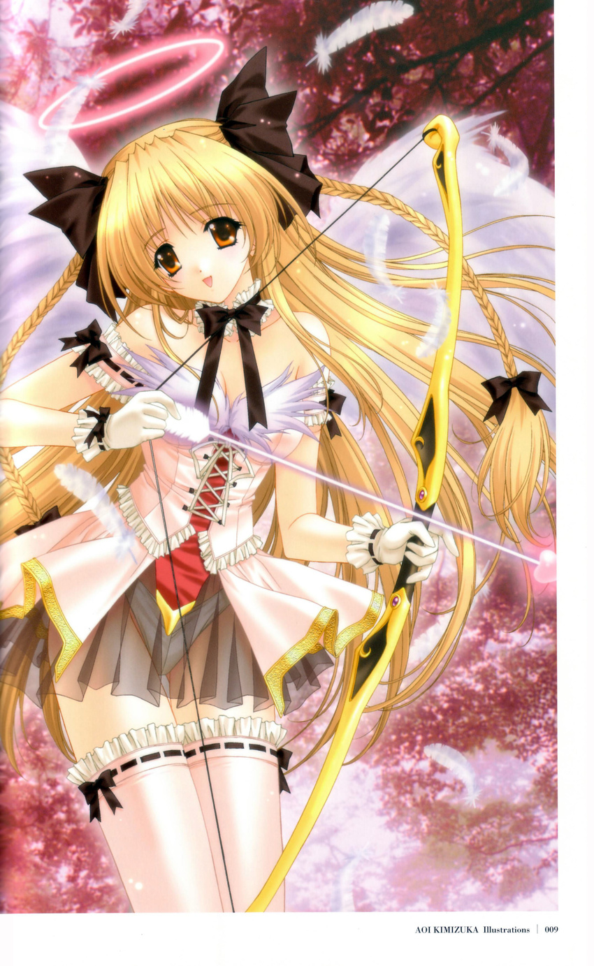 absurdres angel blonde_hair bow bow_(weapon) braid choker copyright_request corset dress feathers frilled_legwear garters gloves hair_bow halo highres kimizuka_aoi long_hair miniskirt off_shoulder orange_eyes panties pink_dress pink_legwear pleated_skirt ribbon-trimmed_gloves ribbon-trimmed_legwear ribbon_trim scan see-through short_dress skirt solo thigh_gap thighhighs twin_braids underwear very_long_hair weapon white_gloves white_panties wings