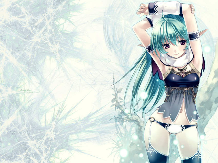 antenna_hair armpits bracelet elf garter_belt green_hair highres hirano_katsuyuki jewelry lingerie lowleg lowleg_panties navel necklace original panties pointy_ears solo thighhighs underwear wallpaper