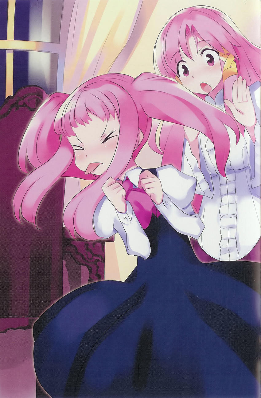 &gt;_&lt; :p cattleya_yvette_la_baume_le_blanc_de_la_fontaine closed_eyes dress hair_ribbon highres long_hair louise_francoise_le_blanc_de_la_valliere multiple_girls open_mouth pink_eyes pink_hair ribbon scan siblings sidelocks sisters tongue tongue_out tress_ribbon twintails usatsuka_eiji zero_no_tsukaima