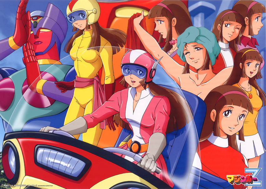 70s aphrodai_a artist_request bodysuit bow brown_eyes brown_hair dianan_a gloves ground_vehicle hairband helmet highres long_hair mazinger_z mazinkaiser mecha motor_vehicle motorcycle multiple_persona nude official_style oldschool one_eye_closed pilot_suit pink_bodysuit science_fiction skirt smile super_robot towel variations visor yellow_bodysuit yumi_sayaka