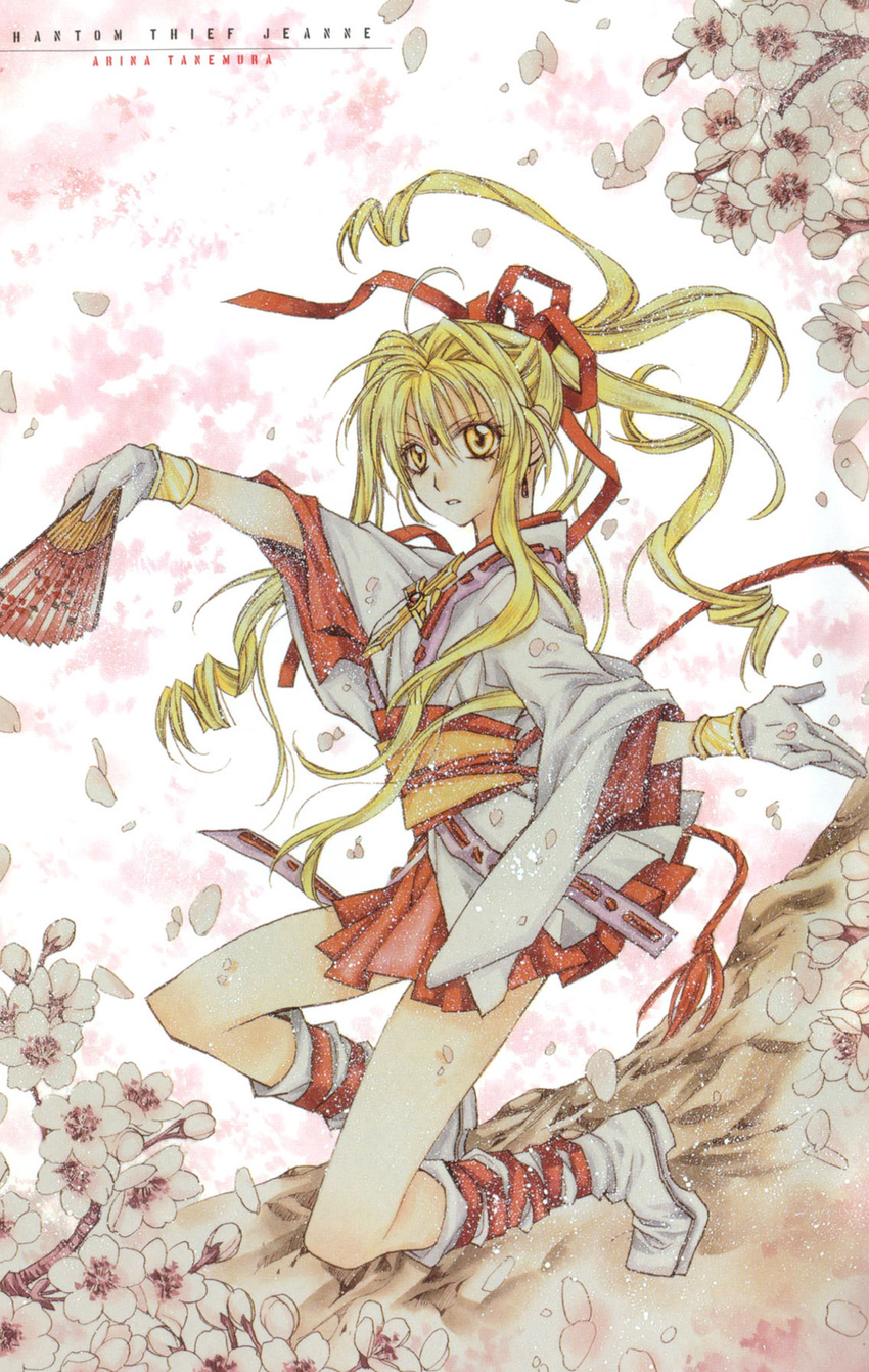 90s blonde_hair boots branch cherry_blossoms cross earrings fan floating_hair flower folding_fan gloves hair_ribbon highres japanese_clothes jewelry kaitou_jeanne kamikaze_kaitou_jeanne kusakabe_maron long_hair marker_(medium) non-web_source obi official_art one_knee petals pleated_skirt pose ribbon sash serious skirt solo tanemura_arina traditional_media white_gloves wide_sleeves