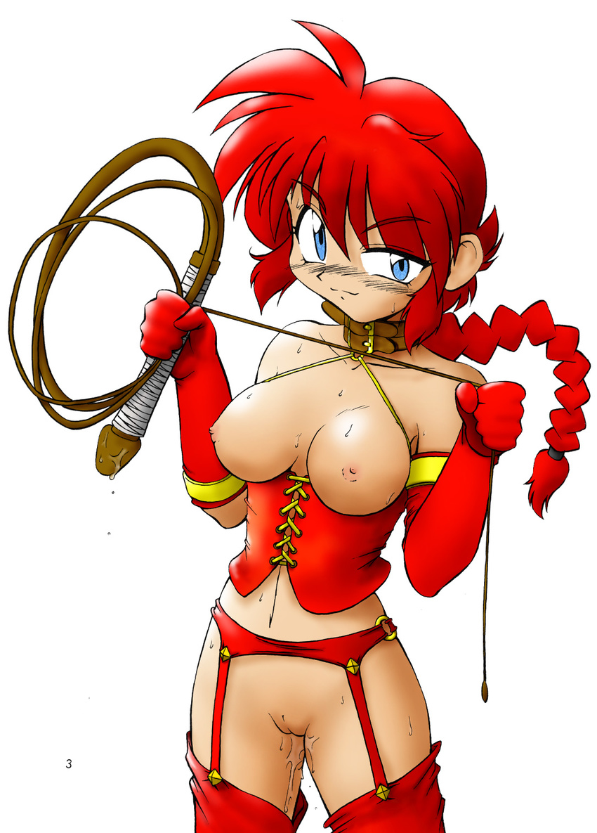 1girl artist_request bare_shoulders braid breasts cleft_of_venus collarbone corset dildo dominatrix elbow_gloves female garter_belt genderswap gloves highres holding navel nipples no_panties nude pussy pussy_juice ranko ranma-chan ranma_1/2 ranma_saotome red_gloves red_hair red_legwear saotome_ranma simple_background solo standing sweat thighhighs uncensored whip white_background