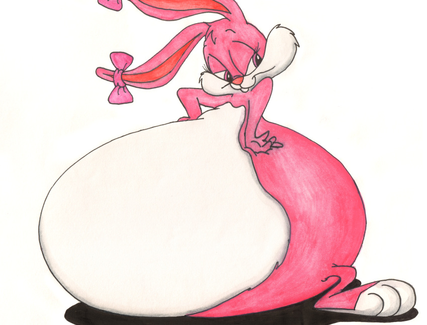 absurd_res anonymous_artist anthro babs_bunny belly big_belly bloated bloated_belly bow female fur hi_res hyper hyper_belly lagomorph leporid mammal nude painting_(artwork) pink_body pink_fur rabbit seductive solo tiny_toon_adventures toony traditional_media_(artwork) vintage warner_brothers watercolor_(artwork)