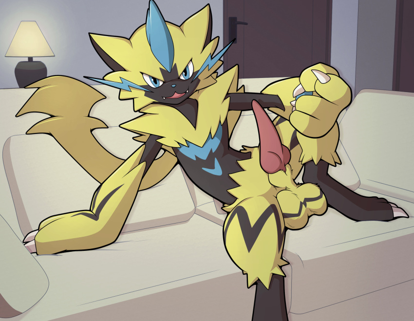 animal_genitalia anthro balls beckoning claws colrblnd erection furniture genitals gesture hi_res legendary_pok&eacute;mon male nintendo pok&eacute;mon pok&eacute;mon_(species) sheath sofa solo spread_legs spreading tagme video_games zeraora