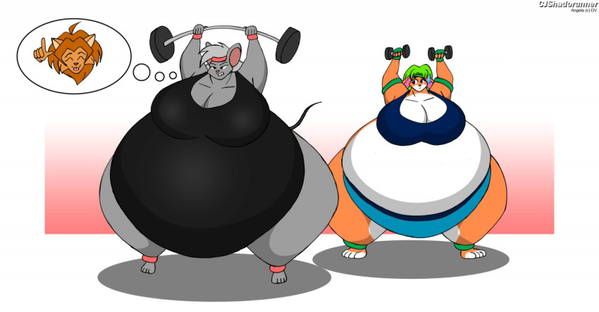 anthro barbell belly big_belly cjshadorunner clothing daryl_vecat domestic_cat dumbbell felid feline felis female group hyper hyper_belly lagomorph leporid mammal morbidly_obese mouse murid murine obese overweight rabbit rodent tiffany_carrell weights