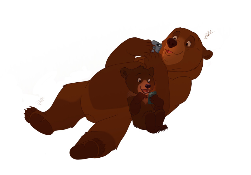 alpha_channel brother_bear brown_bear cellphone disney duo feral genocide_knight grizzly_bear hi_res kenai koda_(brother_bear) male mammal movie_accurate phone simple_background smartphone ursid ursine