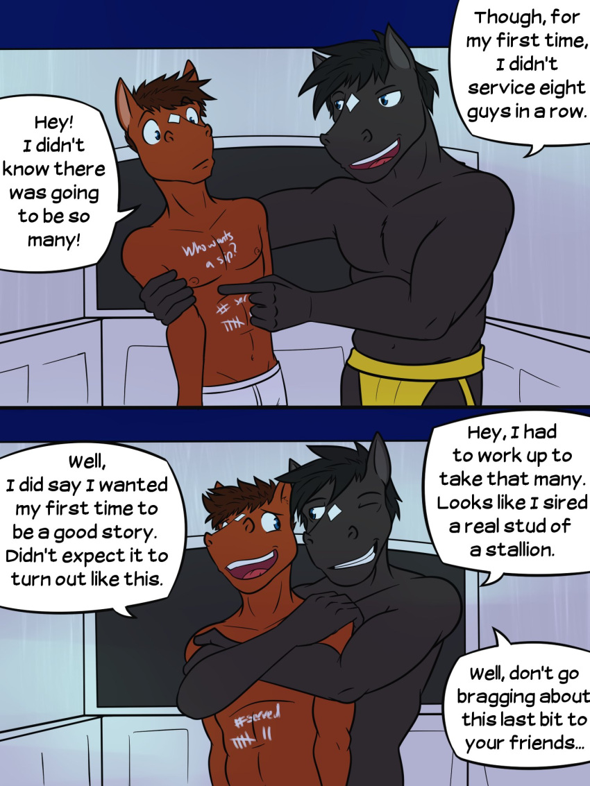 3:4 anthro blake_jackson body_writing briefs clothed clothing comic dialogue duo english_text equid equine father father_and_child father_and_son fuze hi_res horse hug hugging_from_behind jockstrap jockstrap_only male mammal navel nipples parent parent_and_child sam_jackson son tally_marks texnatsu text tighty_whities topless truck_(vehicle) truck_bed underwear underwear_only vehicle white_clothing white_underwear