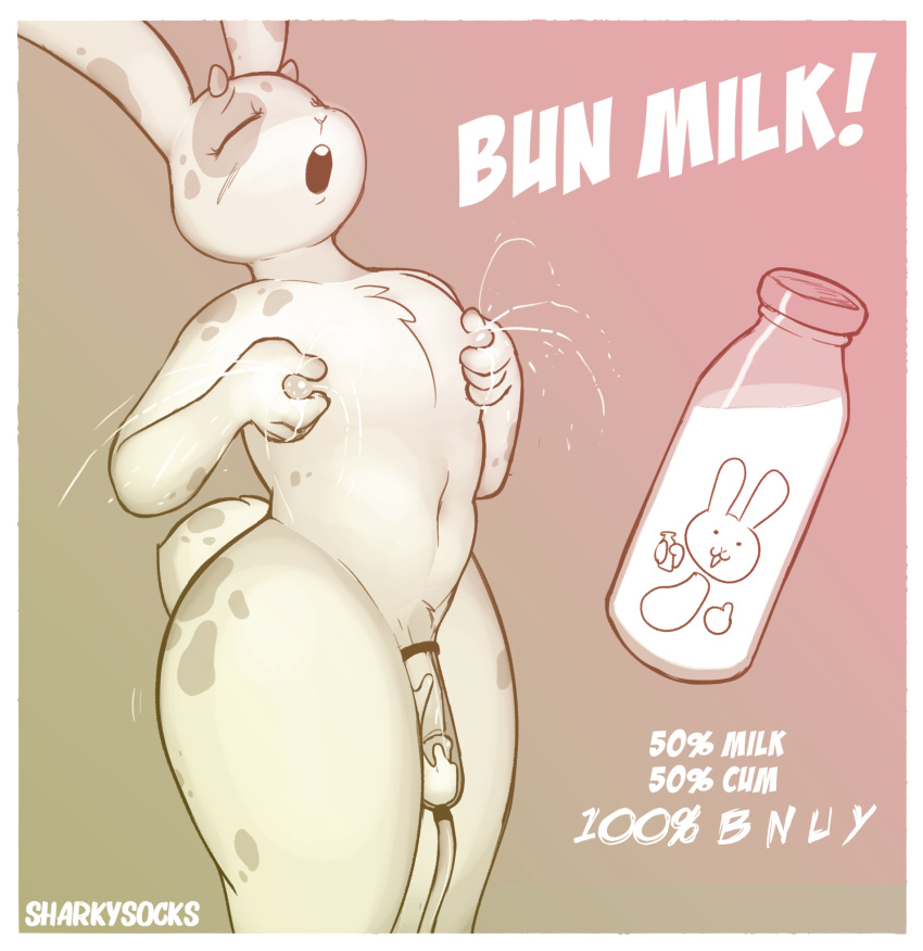 anthro bodily_fluids border bottle cum english_text fur genital_fluids genitals hi_res horn lactating lagomorph leporid looking_pleasured machine male male_lactation mammal milk milking_machine penile penis penis_milking penis_milking_machine rabbit sharkysocks solo spots spotted_body spotted_fur text thick_thighs vein veiny_penis white_border wide_hips