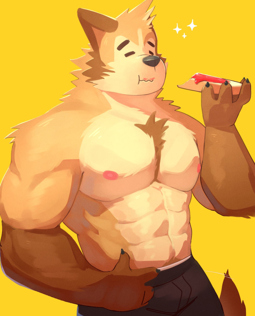 abs anthro biceps bottomwear bread breakfast canid canine canis cilok clothing domestic_dog eyes_closed food fur hi_res jelly_(food) male mammal muscular muscular_anthro muscular_male nipples pecs simple_background solo toast