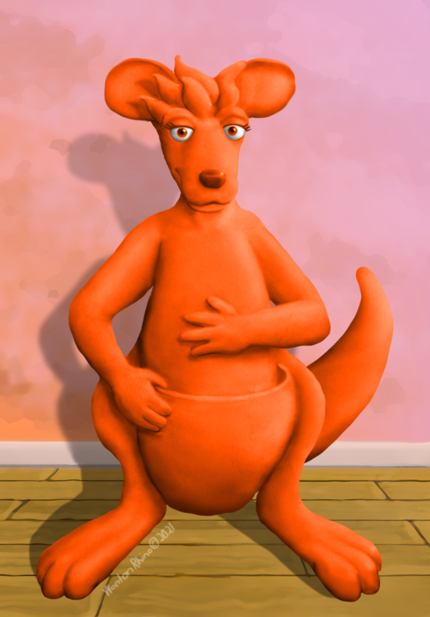 absurd_res anthro big_ears clay eye_contact eyebrows eyelashes featureless_chest featureless_crotch female goo_creature hand_on_chest hand_on_hip hi_res inside kangaroo large_feet looking_at_another macropod mammal marsupial nickelodeon nude nude_female orange_body pouch_(anatomy) shaded shaded_background shaded_color simple_background smile smiling_at_viewer solo standing toony wontonrhino