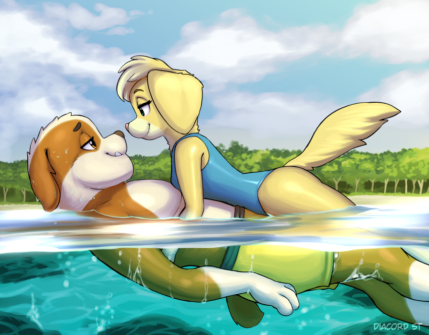2021 aged_up anthro anthrofied beach bird_dog blue_eyes breasts brown_eyes bulldog canid canine canis clothing cloud diacordst domestic_dog duo ella_(paw_patrol) embrace eye_contact female floating golden_retriever hair hi_res hunting_dog looking_at_another male male/female mammal mastiff molosser one-piece_swimsuit outside partially_submerged paw_patrol plant retriever romantic romantic_ambiance romantic_couple rubble_(paw_patrol) seaside sky smile swimwear teeth tree water