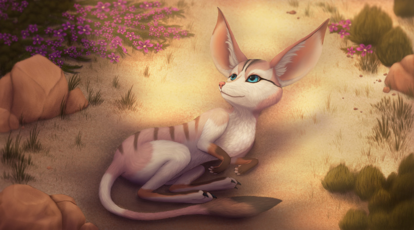 2021 absurd_res ambiguous_gender ark_survival_evolved blue_eyes claws day desert detailed_background digital_media_(artwork) dipodid feral flower fur grass hi_res inner_ear_fluff jerboa looking_up lying mammal on_side outside plant rock rodent sand solo stripes tuft vm94