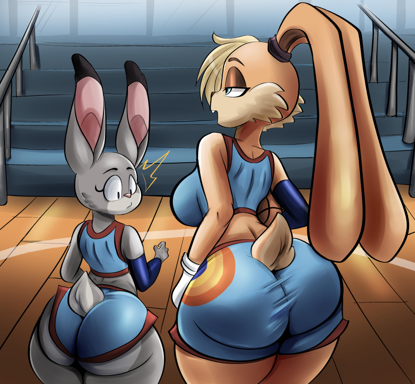 absurd_res anthro basketball_uniform big_butt breasts butt butt_envy clothing disney duo female hi_res judy_hopps lagomorph larger_female leporid lola_bunny looney_tunes mammal midriff nathanatwar rabbit rear_view size_difference smaller_female space_jam space_jam:_a_new_legacy sportswear surprise thick_thighs tight_clothing uniform warner_brothers zootopia