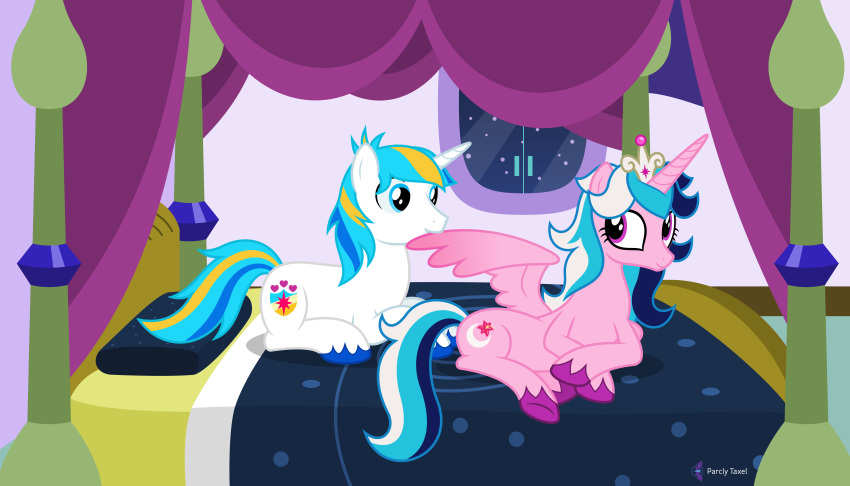 2021 7:4 absurd_res allopreening bed blonde_hair blue_hair canopy_bed crown detailed_background duo equid equine fan_character feather_preening feathers female feral fetlocks furniture hair happy hasbro hi_res horn inside looking_back lying male mammal multicolored_hair my_little_pony on_front parclytaxel personal_grooming pink_body purple_hair signature smile social_grooming unicorn white_body window winged_unicorn wings