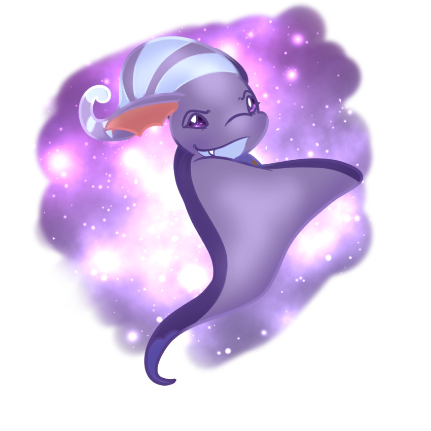 1:1 2021 alien digital_drawing_(artwork) digital_media_(artwork) disney experiment_(lilo_and_stitch) fangs head_markings hi_res lilo_and_stitch looking_at_viewer looking_away markings purple_body purple_eyes salty_nebula simple_background smile smirk solo stitch! wings witch_(stitch!)