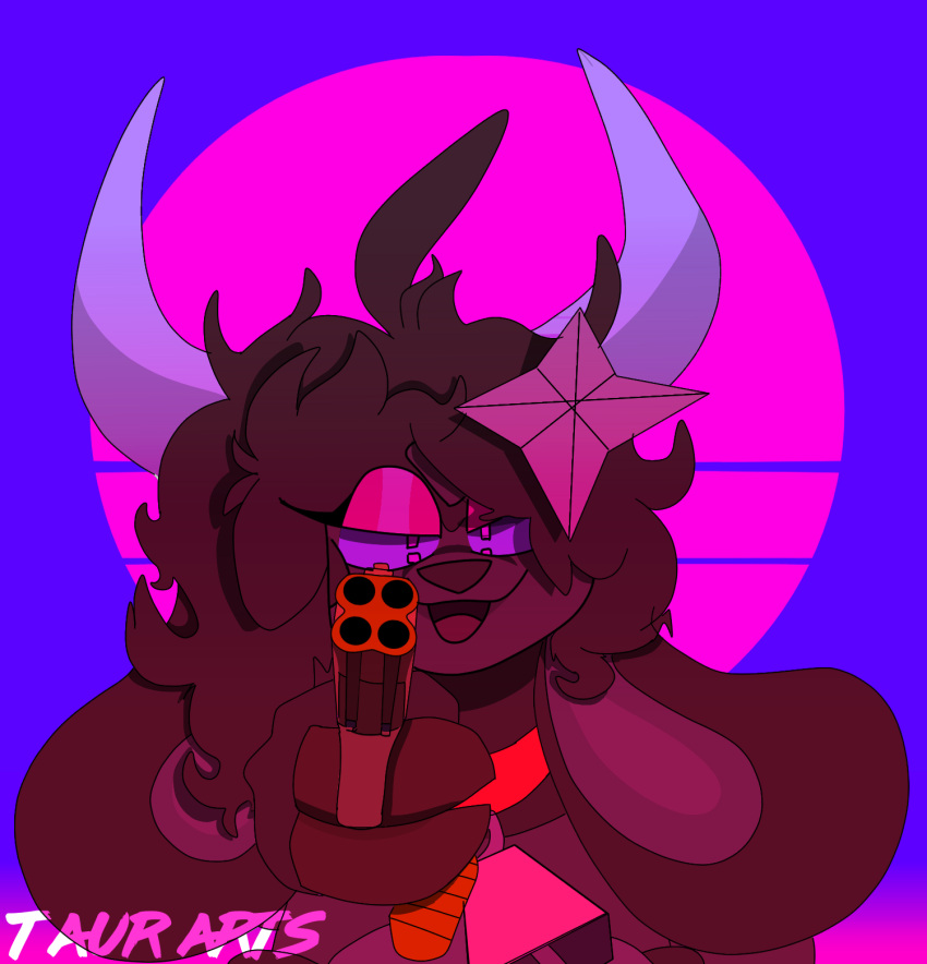 anthro bovid bovine brown_body caffe_(taur_arts) cattle delet_this eyeshadow fan_character female floppy_ears hi_res horn looking_at_viewer makeup mammal meme miltank nintendo pok&eacute;mon pok&eacute;mon_(species) ranged_weapon solo synthwave taur_arts teats udders video_games weapon