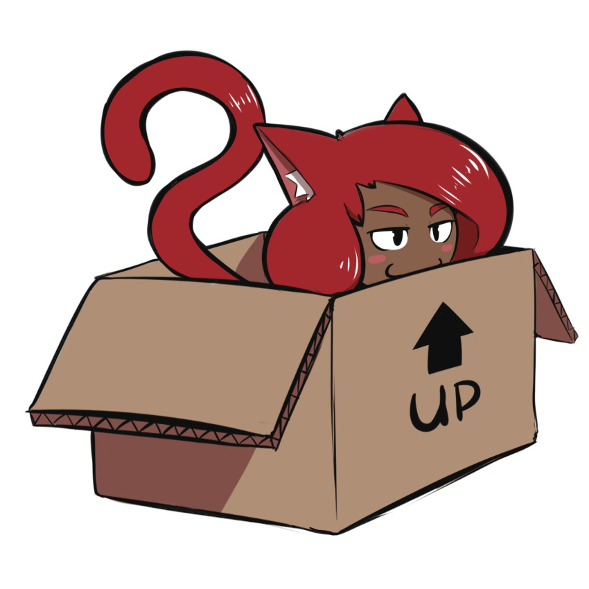 1:1 :3 animal_humanoid blush box cat_ears_(disambiguation) cat_humanoid cat_tail conditional_dnp container dark_body dark_skin felid felid_humanoid feline feline_humanoid female hair hi_res humanoid if_it_fits_it_sits in_box in_container mammal mammal_humanoid nolani_(quin-nsfw) quin-nsfw red_hair smile smug solo