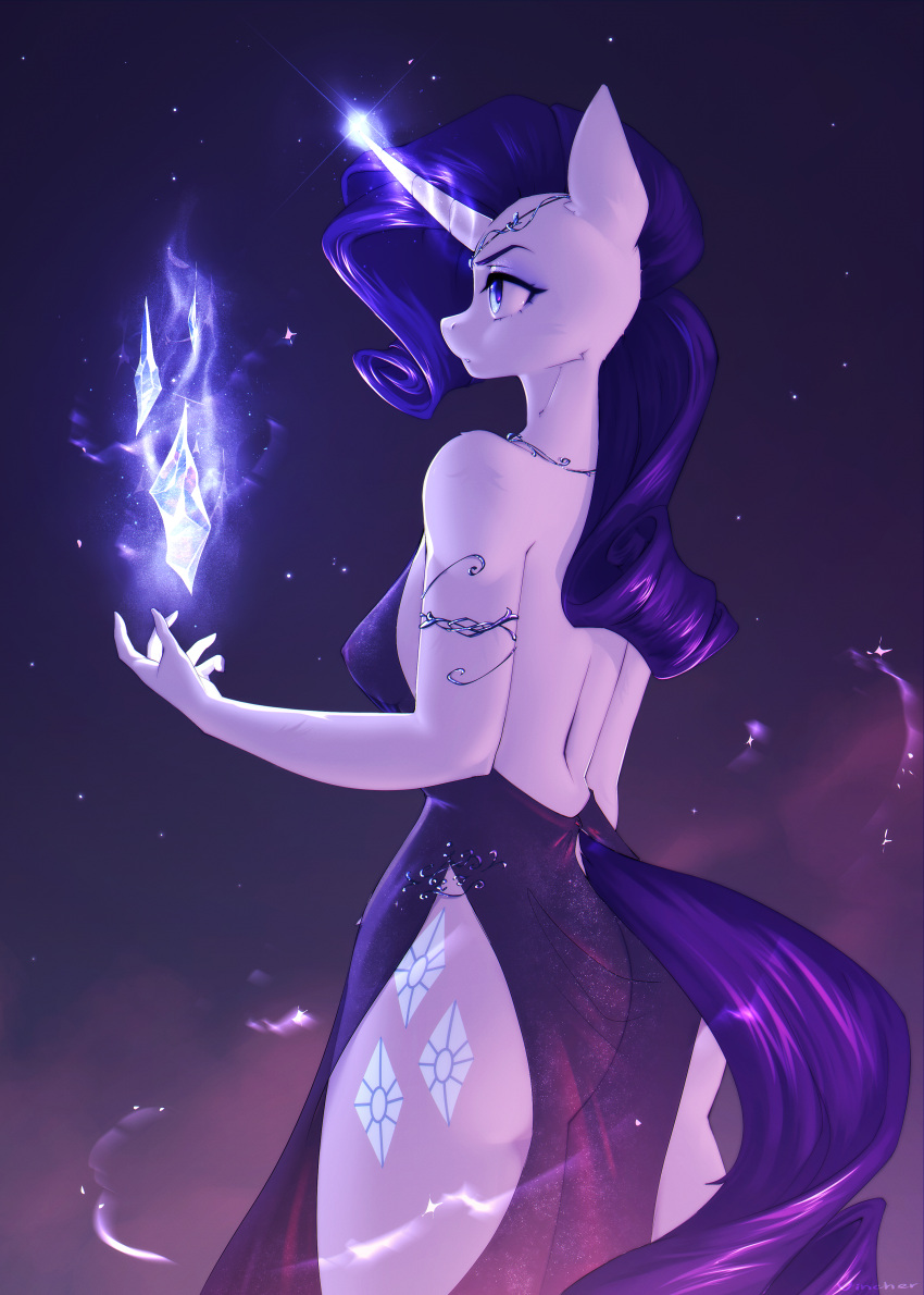 absurd_res anthro anthrofied biped breasts butt clothing cutie_mark dress equid equine female friendship_is_magic furgonomics hair hasbro hi_res horn magic mammal my_little_pony purple_hair rarity_(mlp) rear_view solo standing tail_clothing unicorn vincher