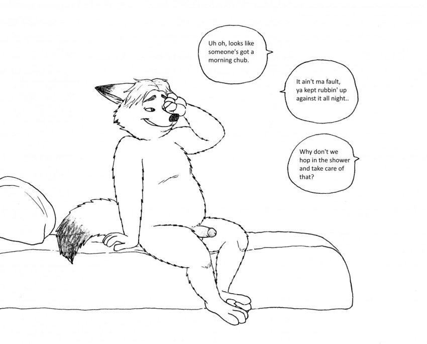 2016 anthro bed belly bernielover canid canine dialogue disney english_text fox furniture genitals gideon_grey male mammal monochrome penis pillow sitting slightly_chubby solo text zootopia