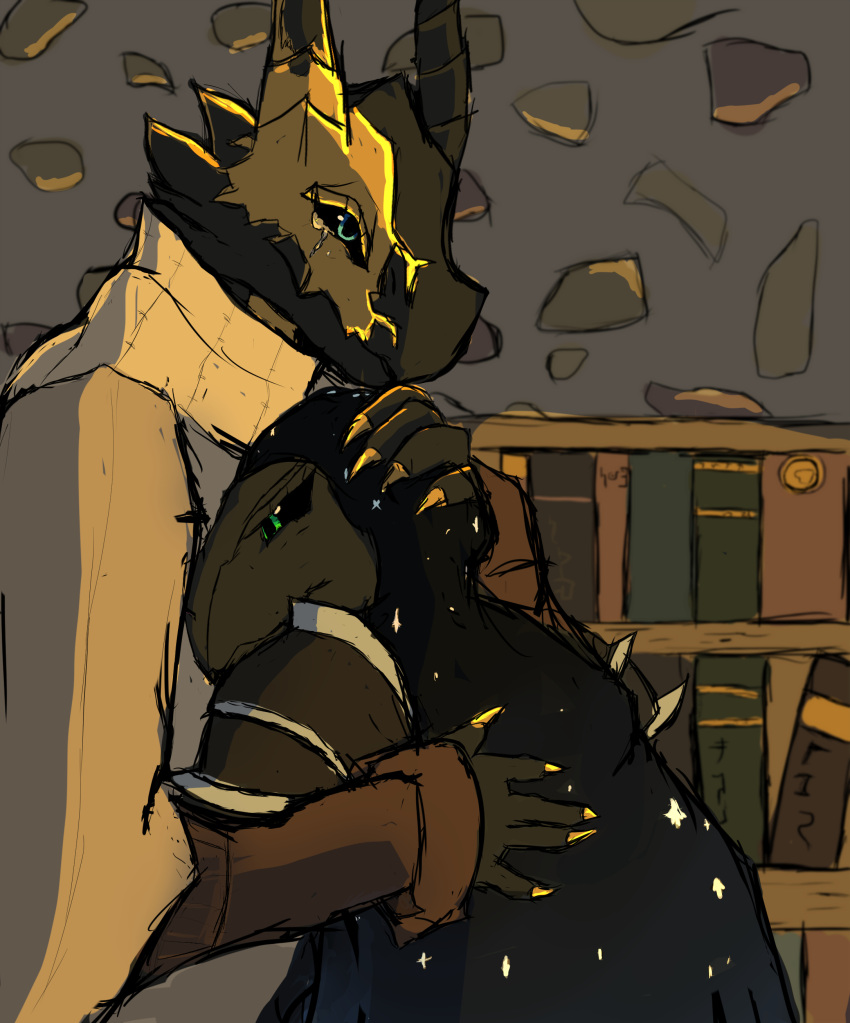 absurd_res anthro armor black_sclera bodily_fluids detailed_background doghotline dragon duo faava female half-dragon hi_res hug male medieval medieval_clothing mother mother_and_child parent parent_and_child scalie tears