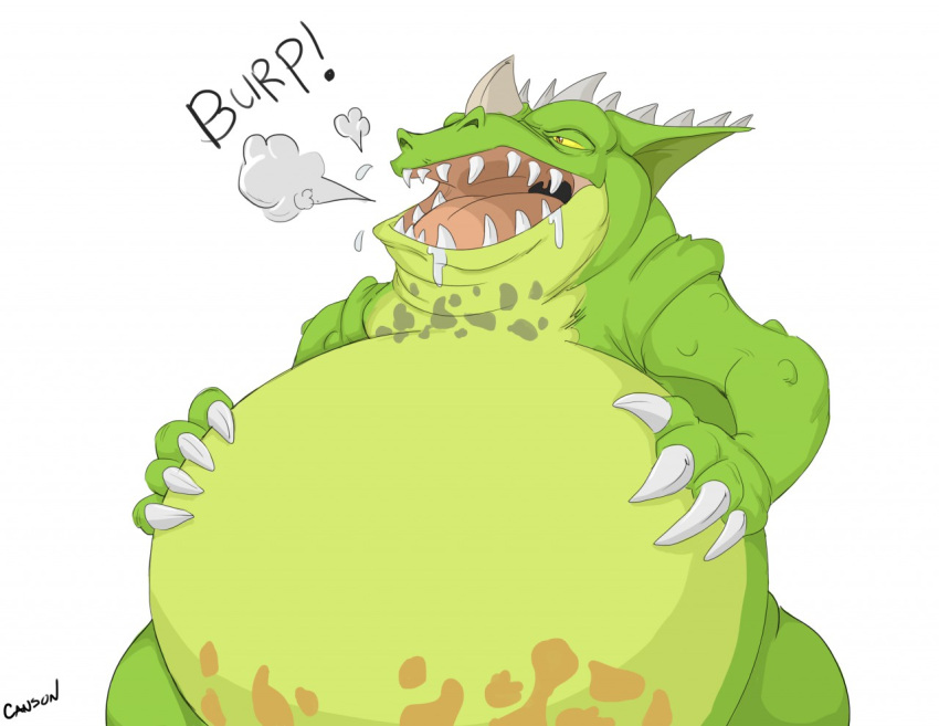 abdominal_bulge after_vore ambiguous_gender anthro belly big_belly black_spots brown_spots burping canson claws duo green_belly green_body green_skin horn male obese open_mouth overweight simple_background spots teeth toad_(disambiguation) vore white_background yellow_eyes