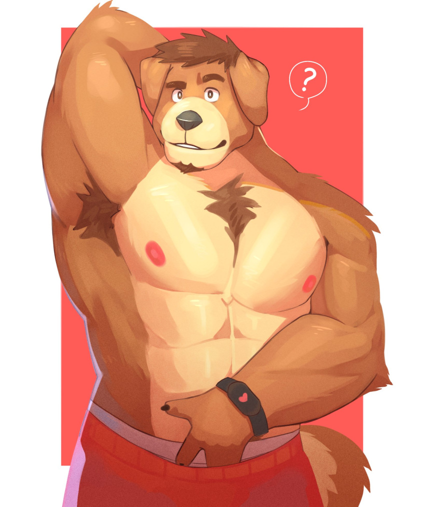 abs anthro armpit_hair biceps body_hair bottomwear canid canine canis chest_tuft cilok clothing domestic_dog facial_hair fur hair hi_res hybrid male mammal muscular muscular_anthro muscular_male nipples pecs simple_background solo tuft ursid