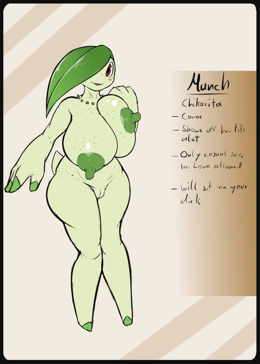 absurd_res anthro areola breast_squish breasts chikorita conditional_dnp elemental_creature english_text female flora_fauna freckles genitals hi_res looking_at_viewer model_sheet nintendo nipples nude plant pok&eacute;mon pok&eacute;mon_(species) pussy quin-nsfw smile smiling_at_viewer solo squish text video_games