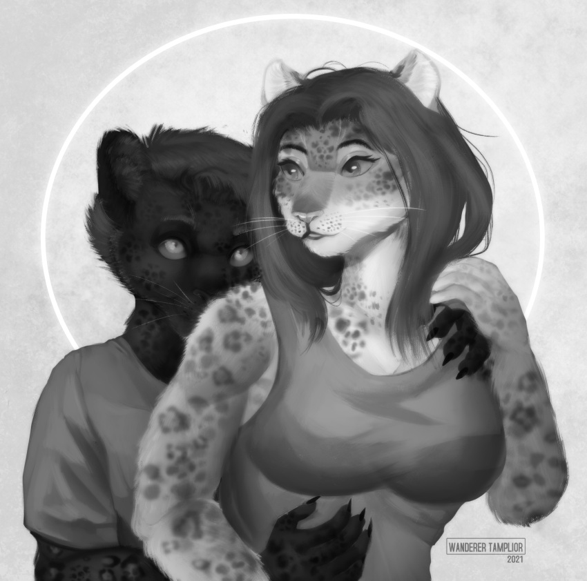 2021 absurd_res anthro black_body black_fur breasts claws clothing digital_media_(artwork) duo felid feline female fur hair hi_res hug leopard looking_at_another male male/female mammal monochrome pantherine romantic romantic_couple simple_background smile spots spotted_body spotted_fur toony wanderertamplior white_body white_fur