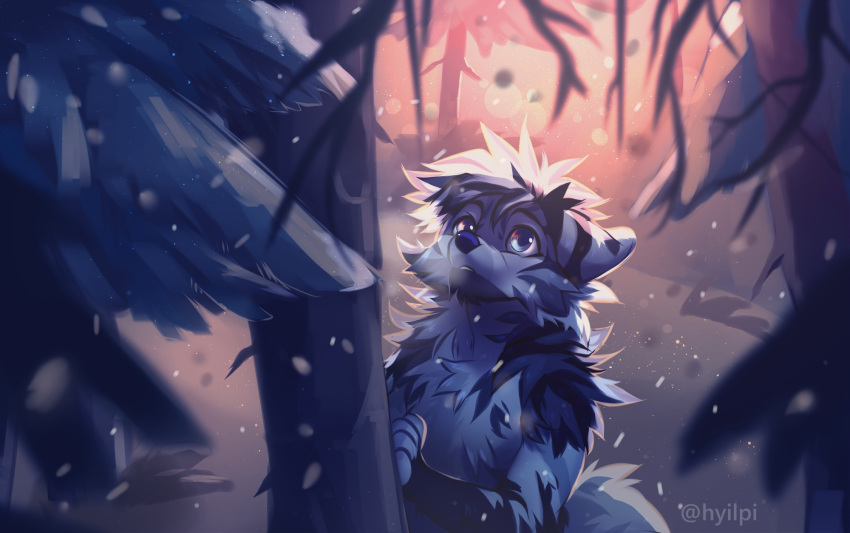 2020 ambiguous_gender blue_nose canid canine detailed_background digital_media_(artwork) feral forest fur hi_res hyilpi mammal outside plant snow solo tree