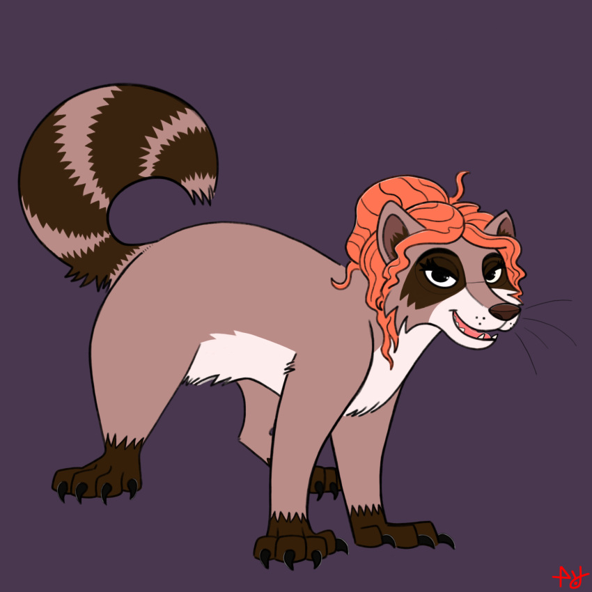 1:1 absurd_res based4d black_claws brown_nose claws eyelashes female feral fur hair hi_res looking_at_viewer mammal ms._frizzle open_mouth open_smile procyonid purple_background raccoon simple_background smile solo striped_tail stripes tan_body tan_fur the_magic_school_bus whiskers