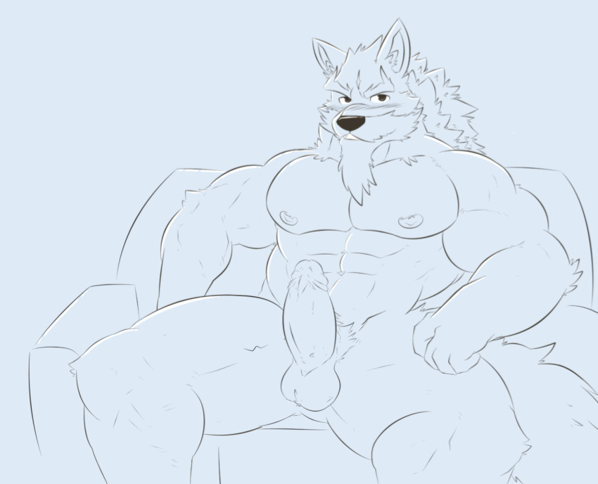 2021 abs anthro balls beard biceps biped canid canine canis erection facial_hair frankescobarx genitals humanoid_genitalia humanoid_penis law_(sdorica_sunset) line_art male mammal muscular muscular_anthro muscular_male nipples pecs penis sdorica solo spread_legs spreading wolf