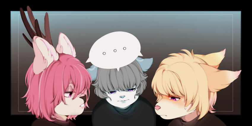 2018 2:1 anthro antlers blonde_hair blue_body blue_ears blue_fur brown_antlers brown_nose fur girly gradient_background grey_hair group hair horn light_body light_fur looking_down male narrowed_eyes orange_body orange_ears orange_fur pekuza041 pink_body pink_ears pink_fur pink_hair pink_nose purple_eyes simple_background speech_bubble yellow_body yellow_fur