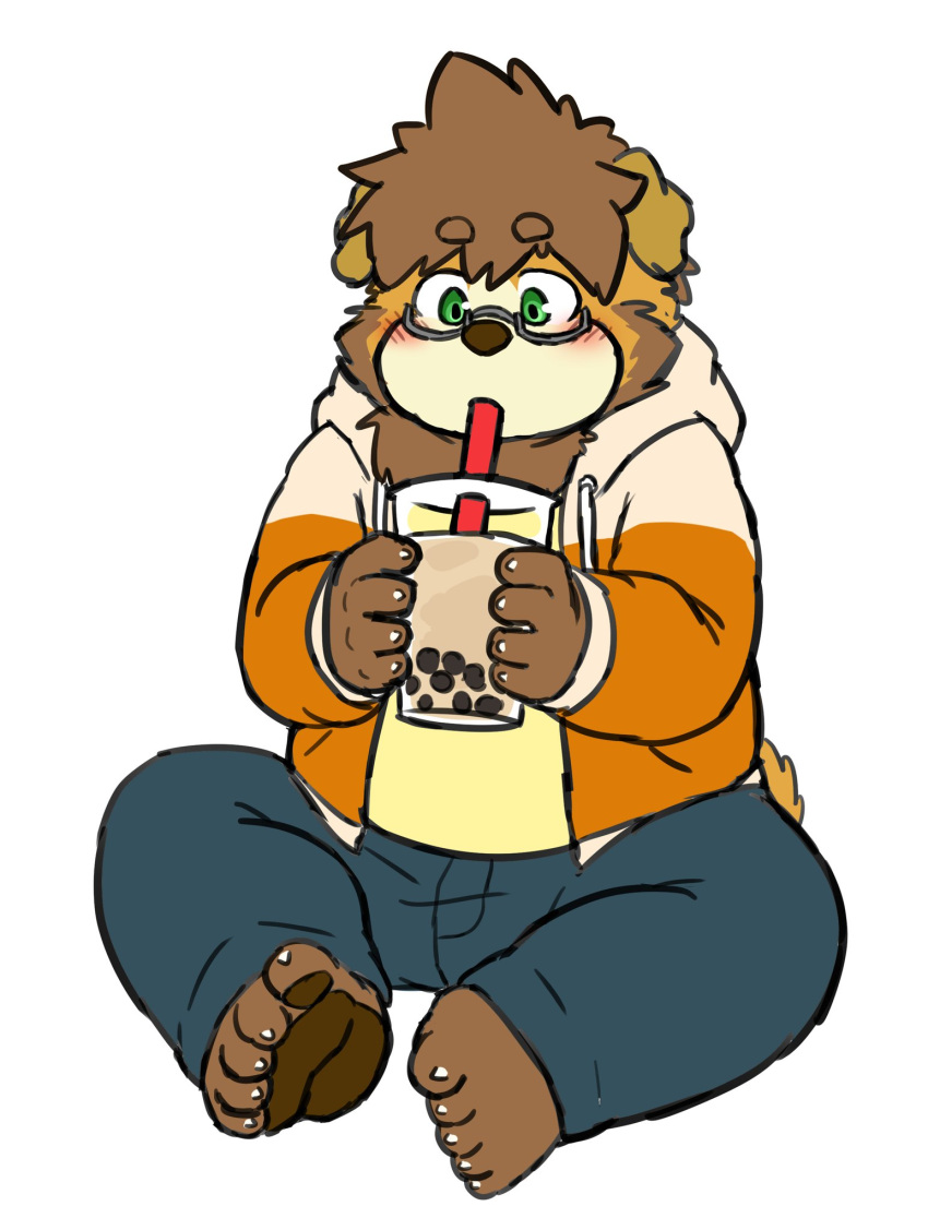 2021 anthro beverage blush bottomwear brown_body brown_fur bubble_tea canid canine canis clothing domestic_dog drinking fur green_eyes hi_res hoodie kemono male mammal pants reddo12340 shirt simple_background sitting slightly_chubby solo topwear white_background young