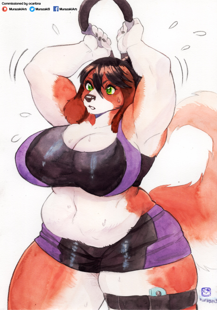 absurd_res anthro big_breasts bodily_fluids bon_bon_(ocaritna) bra breasts canid canine clothing curvy_figure exercise female fur green_eyes hair hi_res huge_breasts mammal midriff murazaki navel painting_(artwork) simple_background solo sports_bra standing sweat sweatdrop thick_thighs traditional_media_(artwork) underwear voluptuous watercolor_(artwork) white_background wide_hips