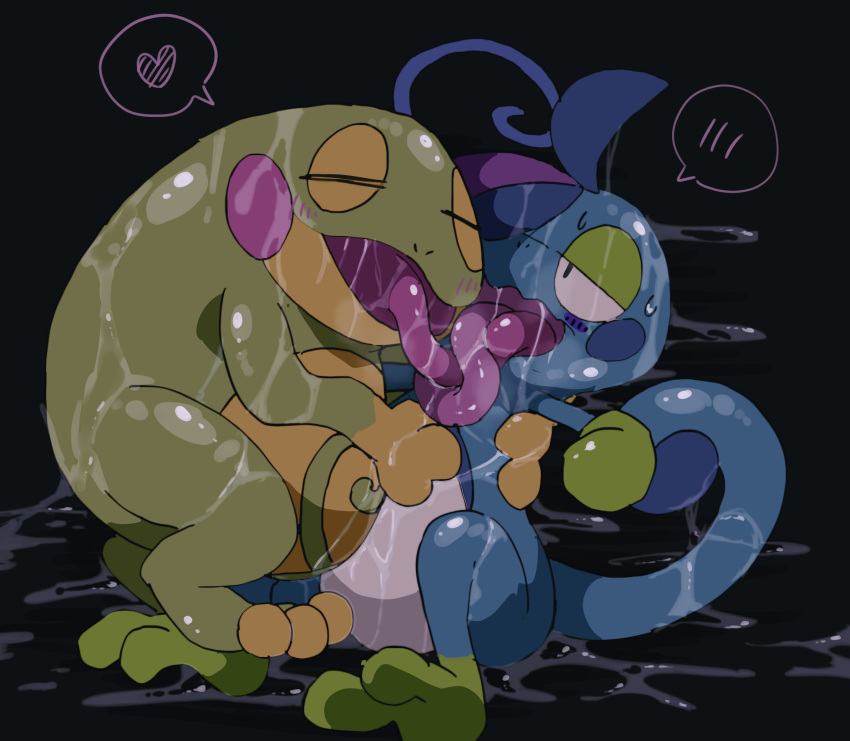&lt;3 ambiguous_gender amphibian blush bodily_fluids drizzile duo eyes_closed feral french_kissing half-closed_eyes hi_res hug kissing long_tongue narrowed_eyes nintendo open_mouth pok&eacute;mon pok&eacute;mon_(species) politoed saliva saliva_on_tongue simple_background slime tongue tongue_out video_games winte