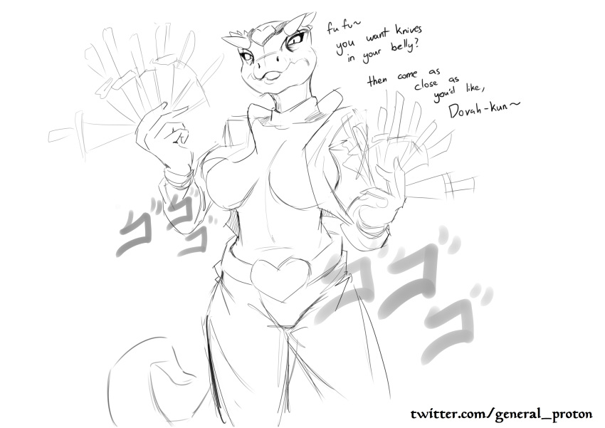 absurd_res anthro argonian bethesda_softworks big_breasts breasts clothed clothing deeja dialogue dio_brando english_text female general_proton hi_res holding_knife holding_object holding_weapon invalid_tag japanese_text jojo's_bizarre_adventure knife looking_at_viewer meme monochrome onomatopoeia open_mouth scalie simple_background skyrim solo sound_effects text the_elder_scrolls url video_games watermark weapon