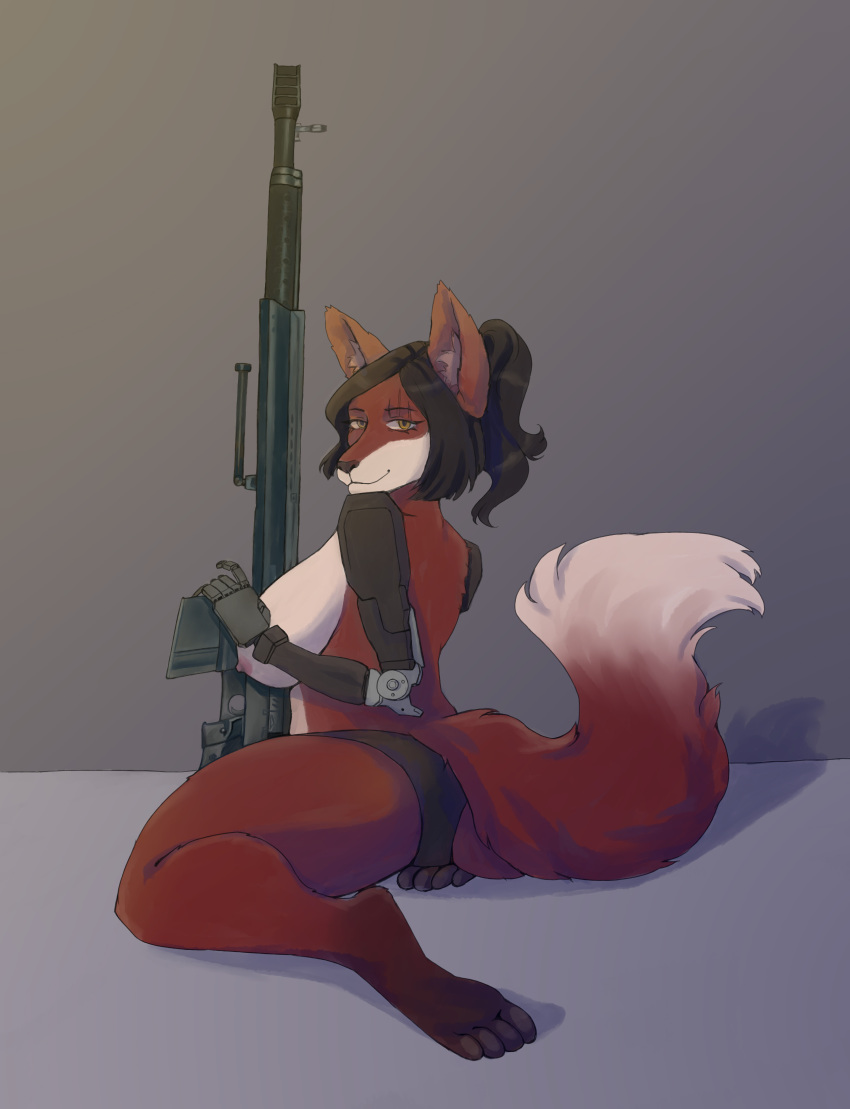 4_toes absurd_res amber_eyes anthro areola bedroom_eyes biped black_hair black_nose breasts butt canid canine clothing cybernetics digital_media_(artwork) disability ear_tuft feet female fluffy fluffy_tail fox fur gun hair hair_bun hi_res looking_at_viewer looking_back looking_back_at_viewer machine mammal muscular_thighs narrowed_eyes nipples panties pawpads pink_nipples plantigrade presenting prosthetic prosthetic_arm prosthetic_limb ranged_weapon red_body red_fox red_fur red_hair scar seductive simple_background solo toes tuft underwear weapon white_body white_fur xarka zoey_lavender