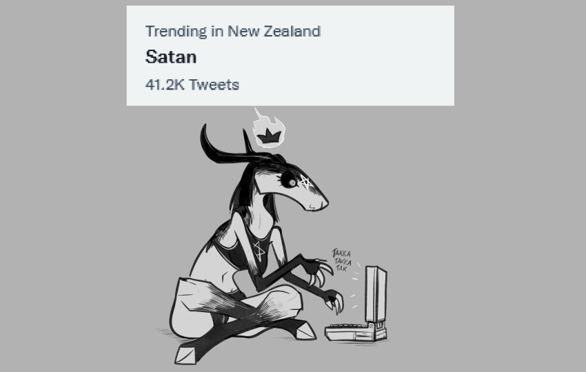 2021 :3 anthro bapho_(keadonger) baphomet_(deity) black_hair black_sclera bovid bra breasts caprine caprine_demon clothed clothing computer crossed_legs deity demon digital_media_(artwork) english_text female floating_crown goat_demon grey_background greyscale hair hi_res hooves horn keadonger laptop mammal monochrome pentagram simple_background sitting solo sound_effects sports_bra text underwear