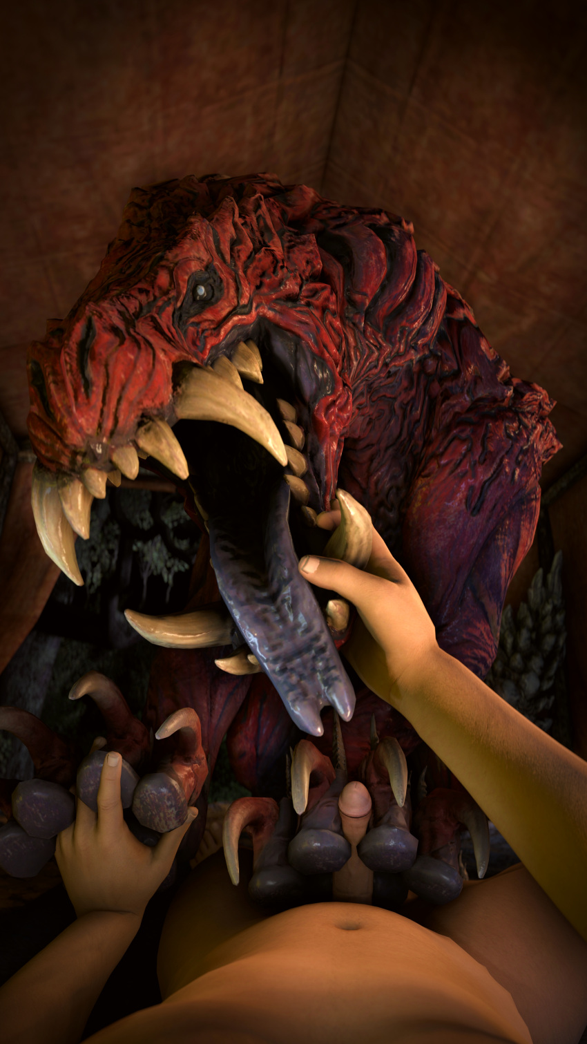 2021 3d_(artwork) 4k 9:16 absurd_res ambiguous_gender bestiality between_toes capcom claws digital_media_(artwork) duo erection fanged_wyvern fangs feet feral first_person_view foot_fetish foot_play footjob genital_danger_play genitals hand_holding hand_on_jaw hand_on_mouth hand_on_paw hi_res human human_on_feral humanoid_genitalia humanoid_penis inside interspecies ivorylagiacrus larger_ambiguous larger_feral looking_at_viewer lying male male/ambiguous male_pov mammal monster_hunter nude odogaron on_back on_ground on_top open_mouth pawpads paws penis red_body scalie sex sharp_claws sharp_teeth size_difference smaller_human smaller_male source_filmmaker teeth tent toes tongue tongue_out video_games