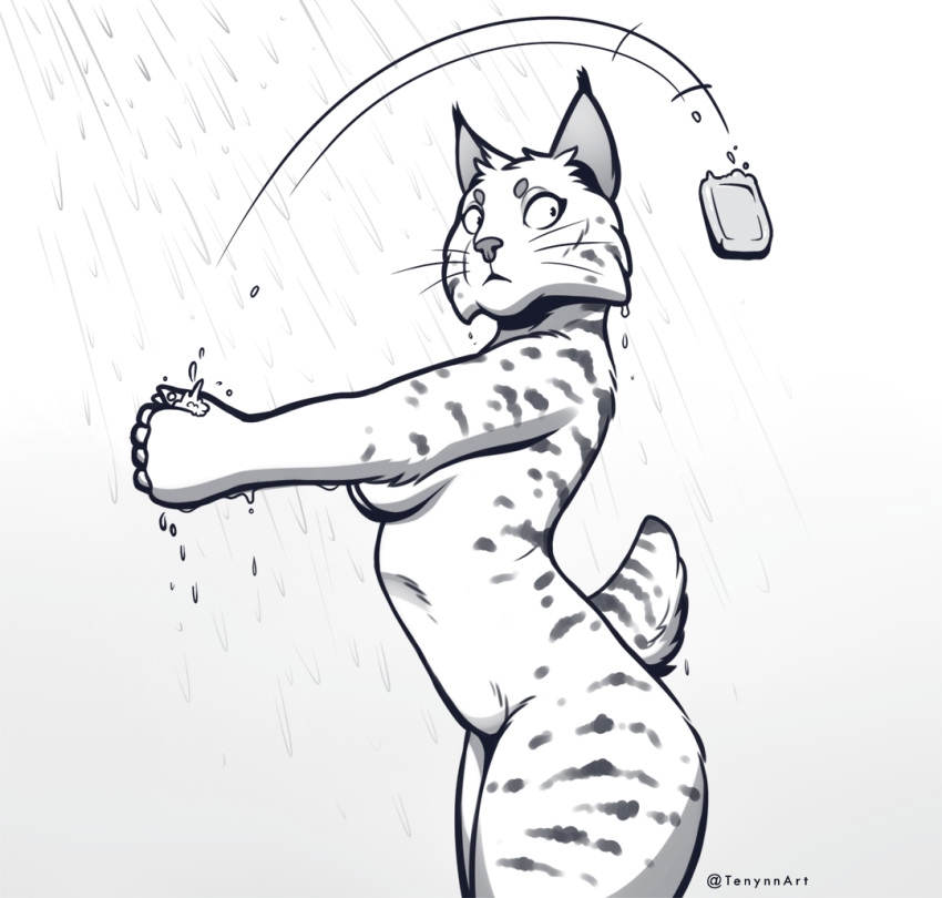 2020 5_fingers anthro breasts censored convenient_censorship digital_media_(artwork) don't_drop_the_soap dropping_object felid feline female fingers lynx mammal nude soap solo suprised_look tenynnart