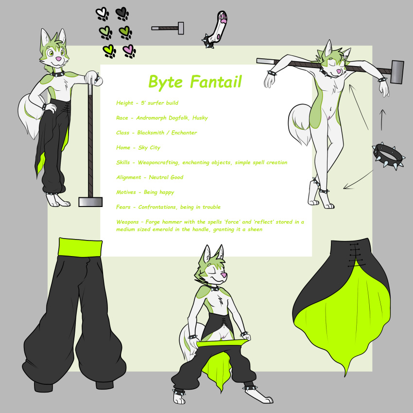 1:1 absurd_res andromorph anklet anthro bracelet byte_fantail_(character) canid canine canis cape cheek_tuft chest_tuft clothed clothing collar domestic_dog english_text eyes_closed facial_tuft fur genitals green_body green_eyes green_fur hammer harem_pants head_tuft hi_res husky inner_ear_fluff intersex jewelry leaning_on_object legband mammal model_sheet multicolored_body multicolored_fur navel no_underwear nordic_sled_dog nude pawpads pink_nose pink_pawpads presenting presenting_pussy pulling_pants_down pussy sillydraco solo spiked_anklet spiked_bracelet spiked_collar spiked_legband spikes spitz spread_legs spreading text tools topless tuft two_tone_body two_tone_fur white_body white_fur