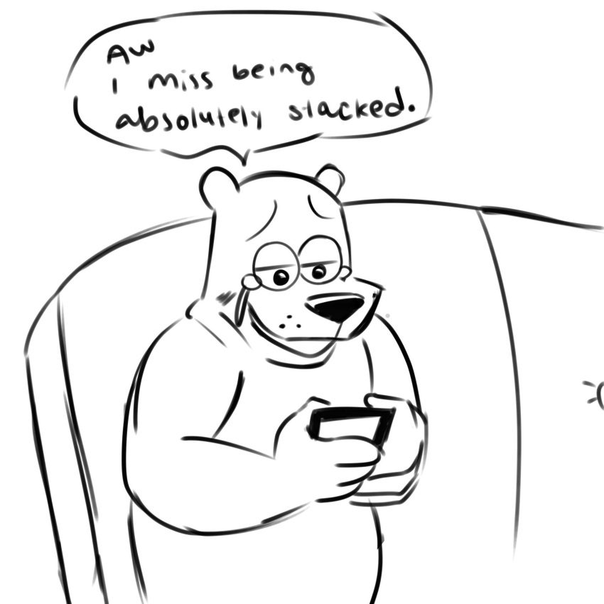 1:1 2021 anthro beargarbage bodily_fluids crying english_text furniture hanna-barbera hi_res jellystone_(hbo_max) male mammal monochrome simple_background sitting sketch slightly_chubby sofa solo tears text ursid white_background yogi_bear yogi_bear_(character)