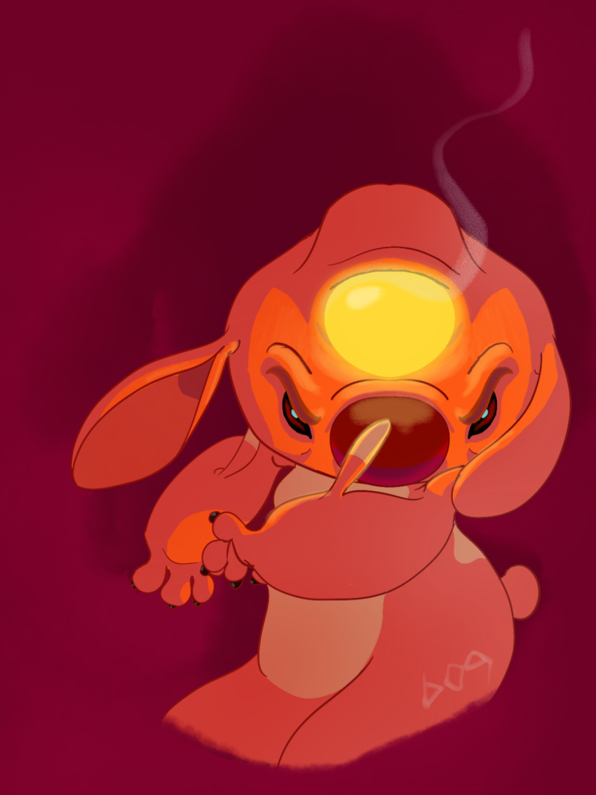 2021 3:4 4_fingers alien artistissues black_claws by-nc-nd claws creative_commons digital_drawing_(artwork) digital_media_(artwork) disney experiment_(lilo_and_stitch) fingers glowing heat_(lilo_and_stitch) hi_res lilo_and_stitch looking_at_viewer orange_body purple_background red_eyes red_nose simple_background small_tail smoke solo