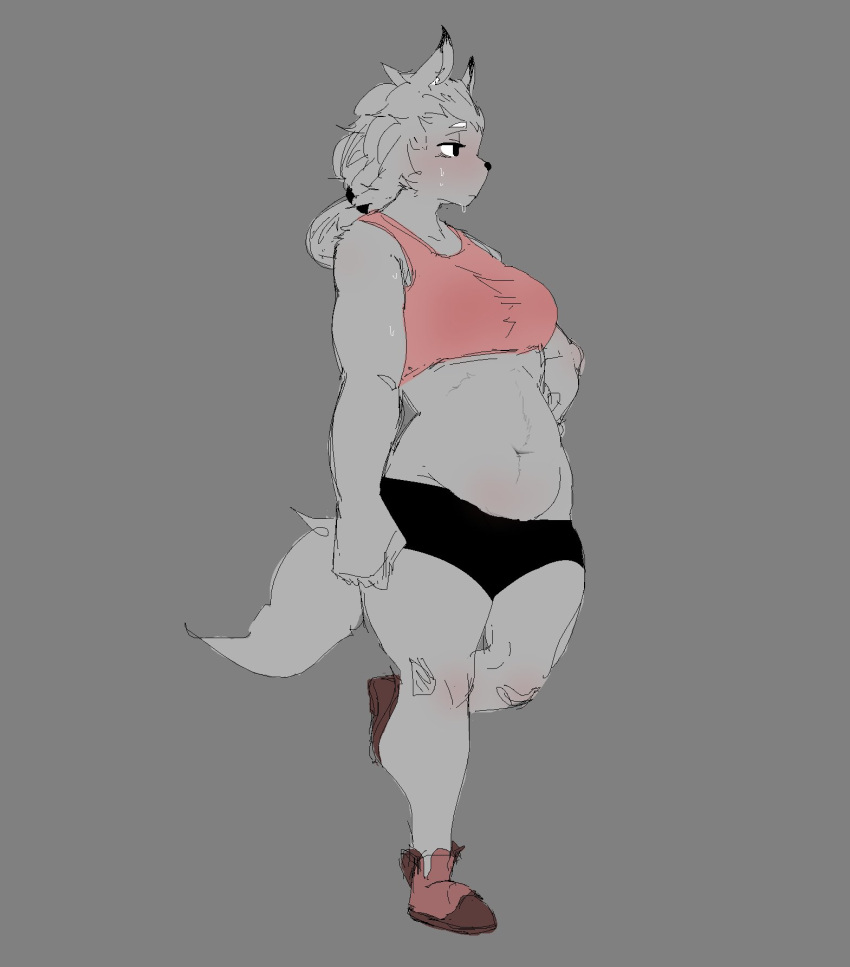 2021 5_fingers accessory anthro athletic blush bodily_fluids boots canid canine canis clothing crop_top female fingers fluffy fluffy_tail footwear fur hair_accessory hair_tie hand_on_hip hi_res just_app1e mammal muscular muscular_female navel shirt slightly_chubby solo standing sweat thick_thighs topwear wide_hips wolf