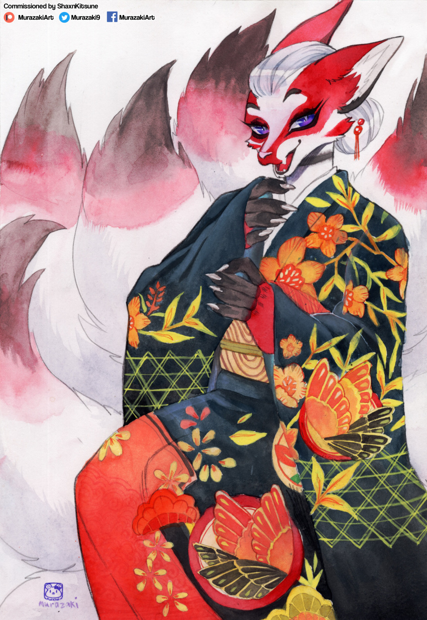 2021 absurd_res anthro asian_clothing asian_mythology biped breasts canid canine clothing east_asian_clothing east_asian_mythology female fox fox_spirit fur hair hi_res japanese_clothing kimono looking_at_viewer mammal multi_tail murazaki mythology open_mouth painting_(artwork) simple_background sitting smile solo traditional_media_(artwork) watercolor_(artwork) white_background
