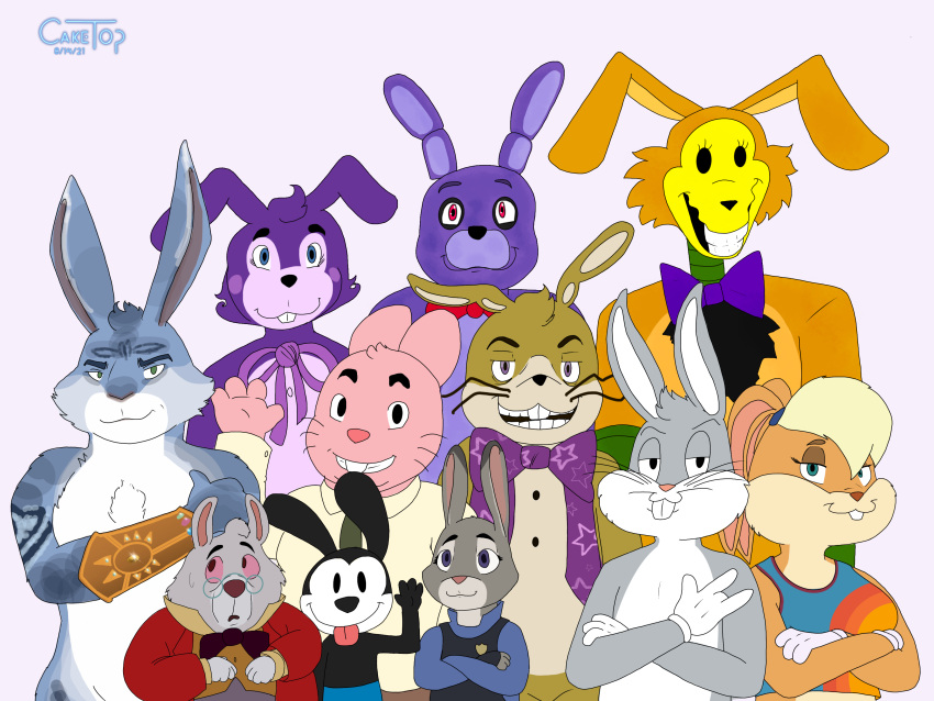 4:3 absurd_res alice_in_wonderland anthro banny_(twf) black_body blonde_hair blue_eyes bonnie_(fnaf) bow_tie buckteeth bugs_bunny bunnymund cake_top cartoon_network clothed clothing crossed_arms digital_media_(artwork) disney easter easter_bunny female five_nights_at_freddy's five_nights_at_freddy's_vr:help_wanted fleischer_style_toon fnaf_vr_help_wanted fur glitchtrap gloves grey_body grey_fur group hair handwear hi_res holidays judy_hopps lagomorph leporid lola_bunny long_ears looking_at_viewer looney_tunes male mammal oswald_the_lucky_rabbit pink_body pumpkin_rabbit purple_body purple_fur rabbit richard_watterson rise_of_the_guardians simple_background smile teeth the_amazing_world_of_gumball the_walten_files the_white_rabbit toony topwear vest video_games warner_brothers whiskers zootopia