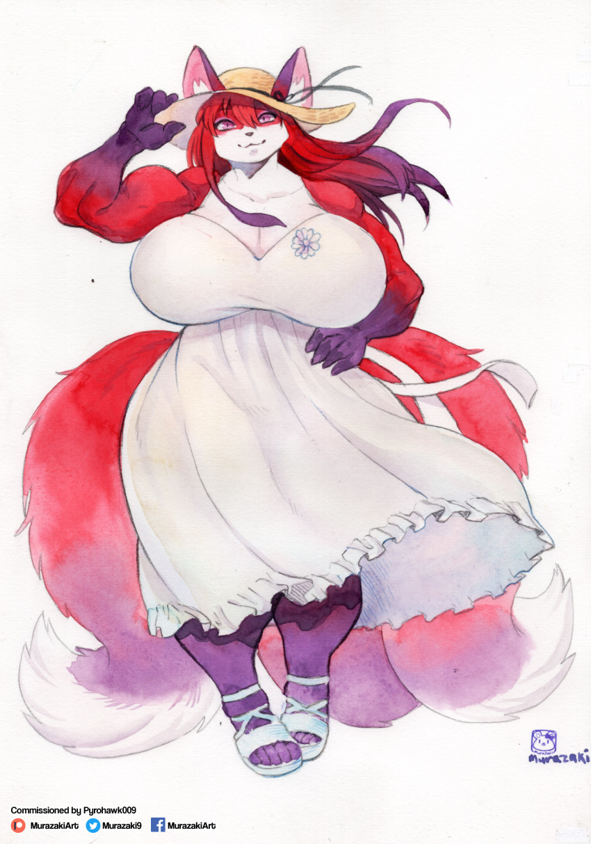 absurd_res anthro big_breasts biped breasts canid canine clothing dress female flower footwear fur hair hand_on_hip hat headgear headwear hi_res huge_breasts looking_at_viewer mammal murazaki muscular muscular_anthro muscular_female painting_(artwork) plant shoes simple_background smile solo standing sundress traditional_media_(artwork) watercolor_(artwork) white_background